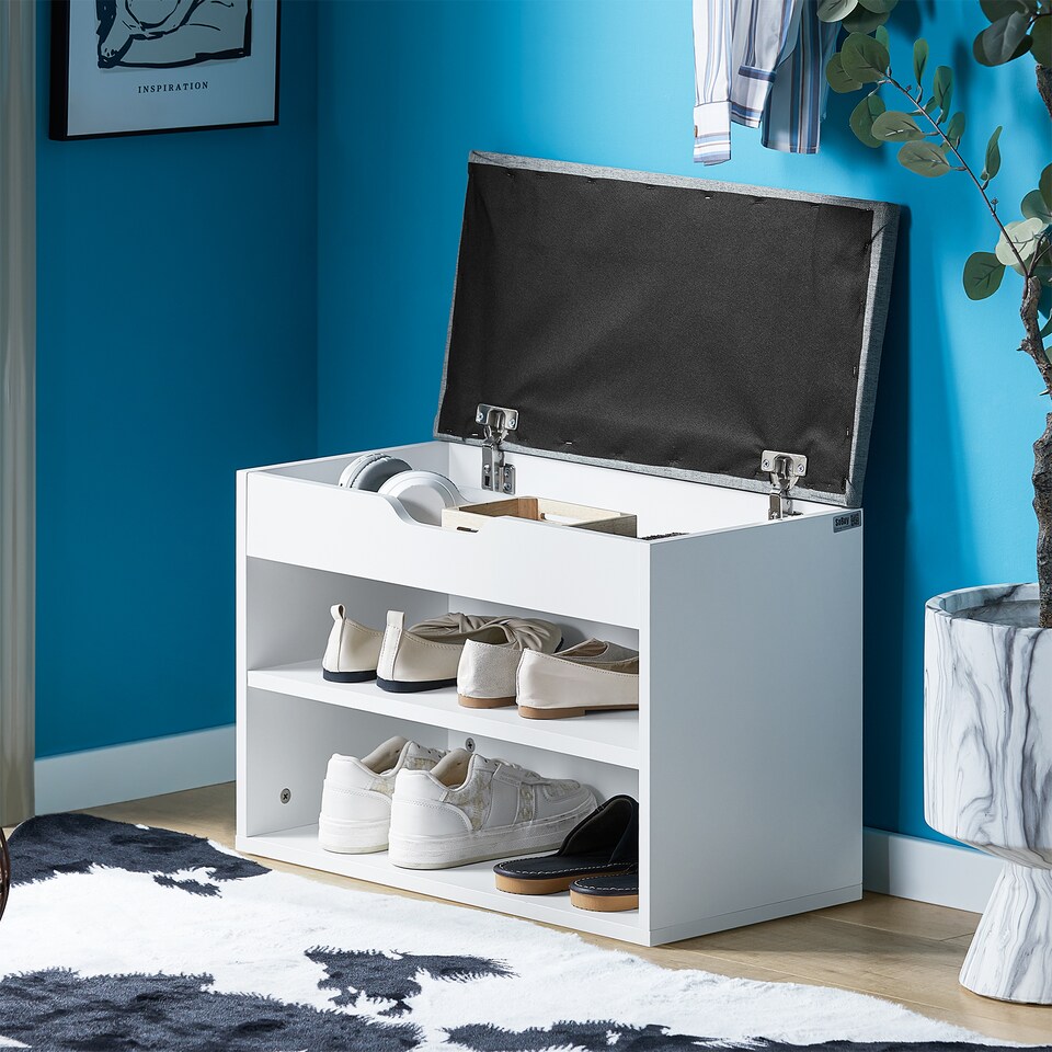 image 1 of SoBuy Shoe Storage Bench with Padded Seat, 2-Tier Shoe Rack, White/Grey, 23.6x11.8x16.9 in, 13 kg - FSR25-HG