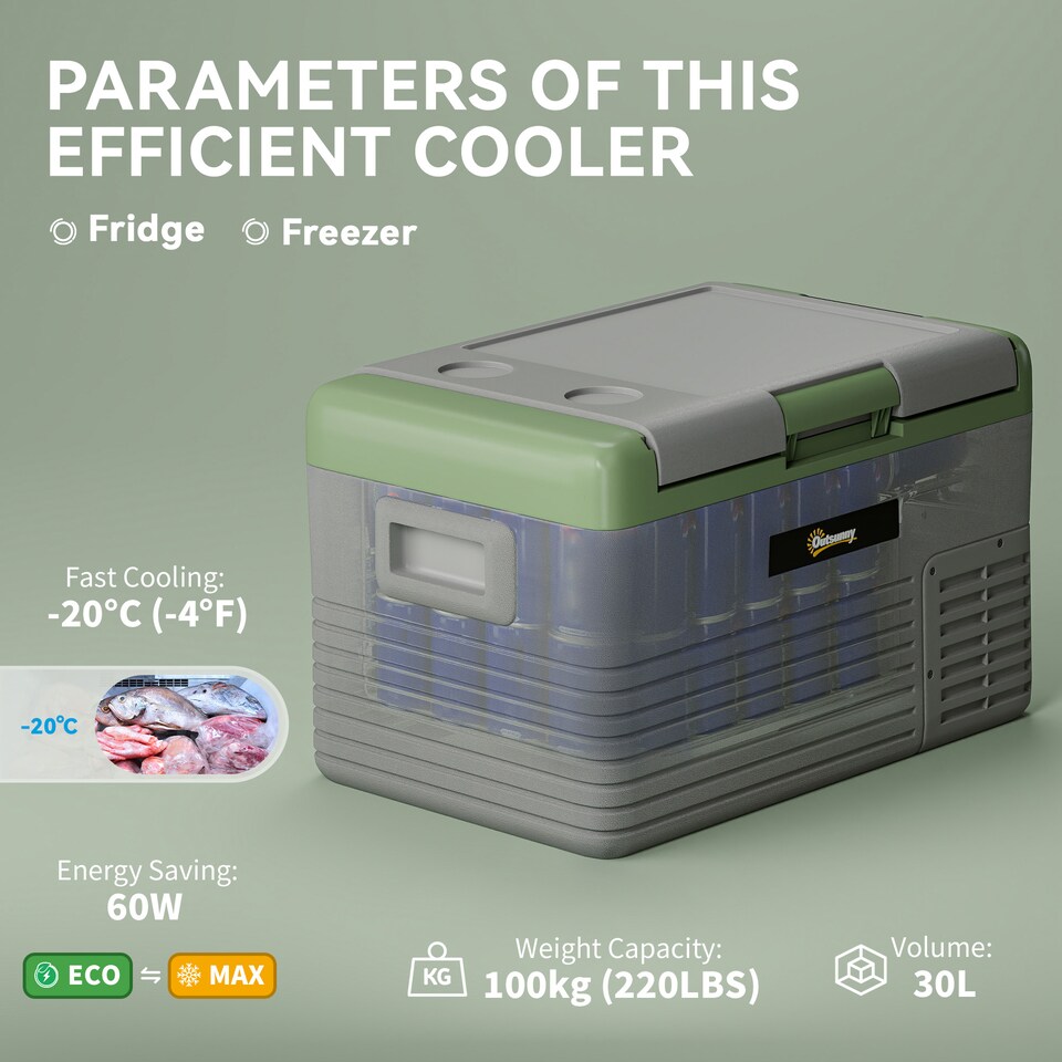 image 1 of Outsunny 30L Car Refrigerator, Portable Compressor Car Fridge Freezer, Electric Cooler Box with 12/24V DC and 110-240V AC for Camping, Driving, Picnic, Down to -20℃, Light Green and Grey | Green