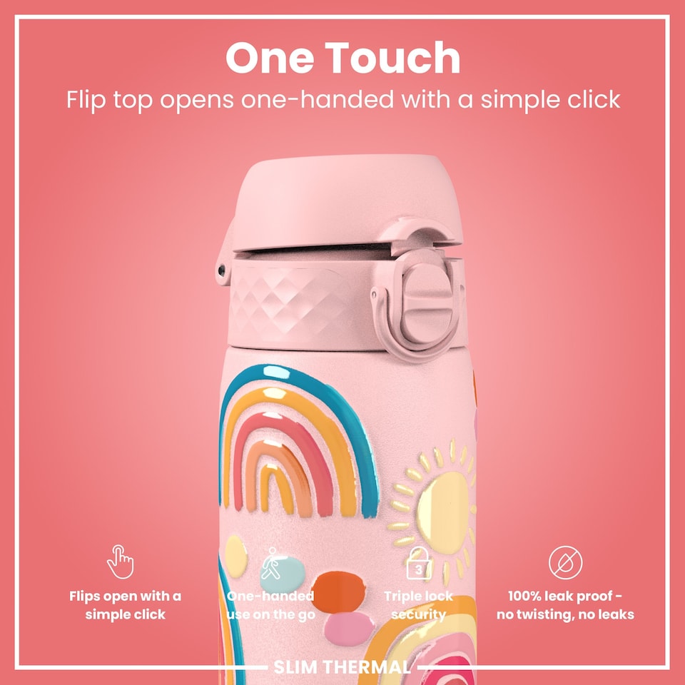 image 1 of Leak Proof Slim Water Bottle, Vacuum Insulated, 500ml (17oz) | Pink | Rainbows | One Size