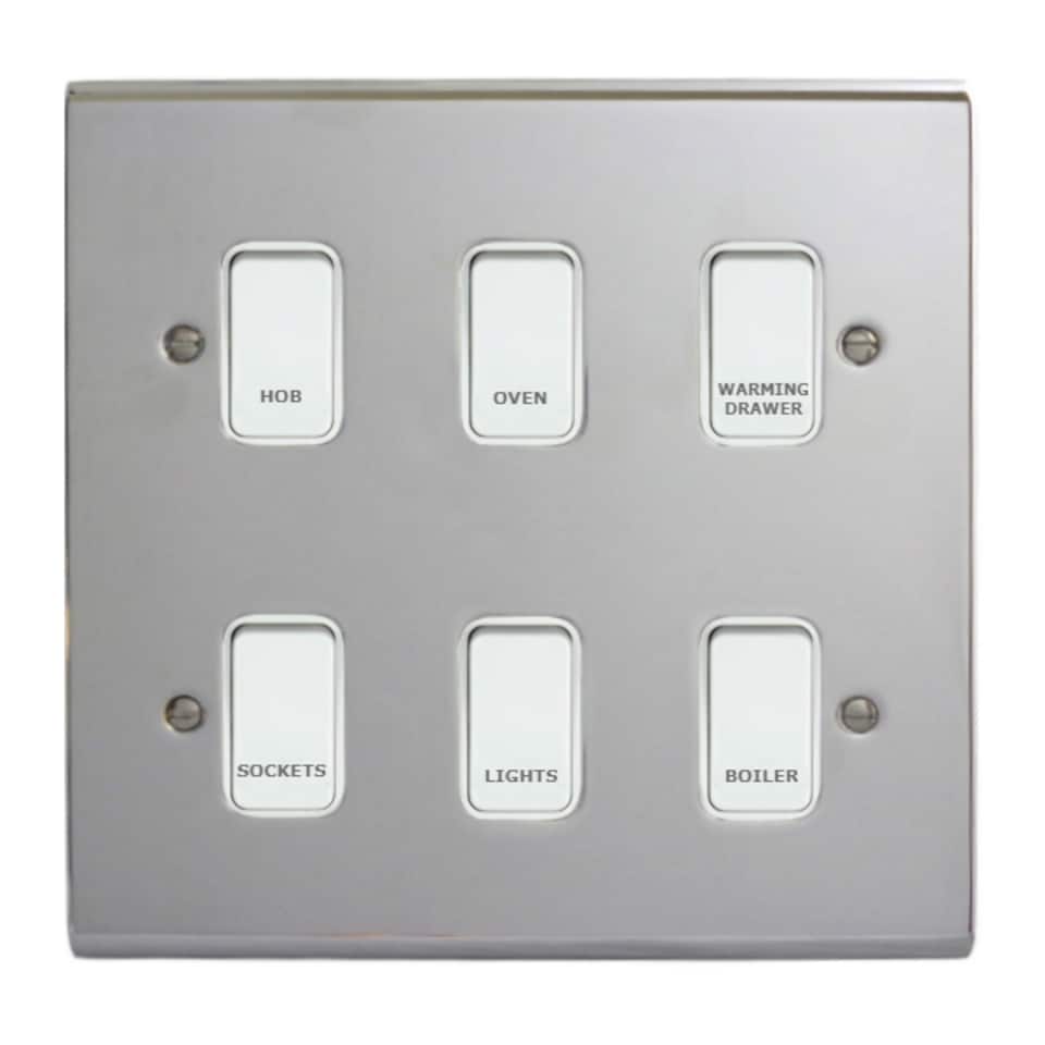 Deta Kitchen Grid Switch Polished Chrome / White Switches - 6 Gang