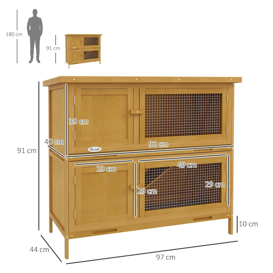 image 1 of PawHut Rabbit Hutch, Double Decker Cage w/ Roof, Divider, Ramp, Yellow