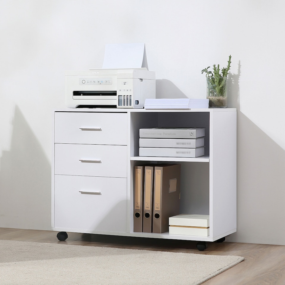 image 1 of HOMCOM Freestanding Printer Stand Unit Office Desk Side Mobile Storage w Wheels 3 Drawers, 2 Open Shelves Modern Style 80L x 40W x 65H cm - White