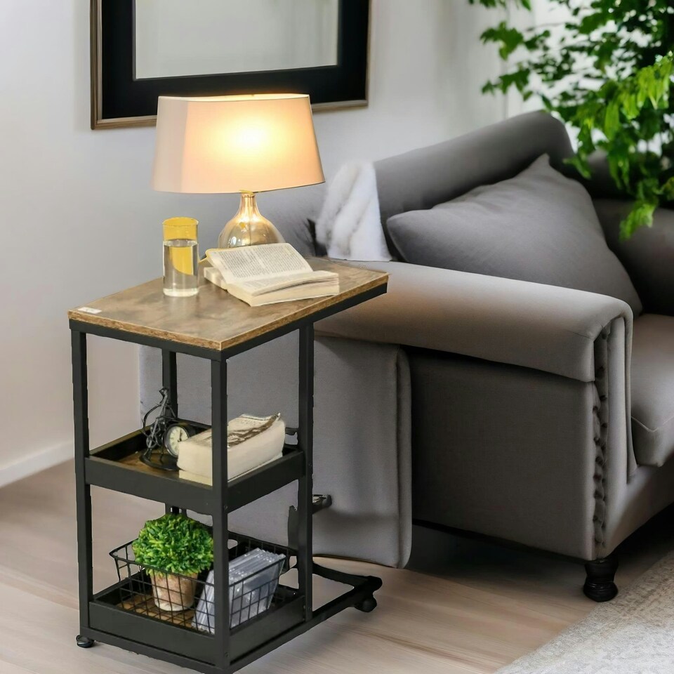 image 1 of Industrial C Shaped Side Table 3-Tier With Wheels Brown