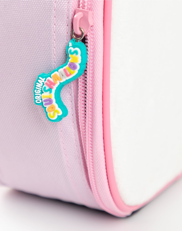 image 1 of Squishmallows Girls Lunch Bag Set | Kids 3 Piece Bundle with Fluffy Dinner Bag, Water Bottle & Snack Pot | Childrens Plush Cam the Cat Zip Bag with 3D Ears in Pink & Purple | Back to School Gifts