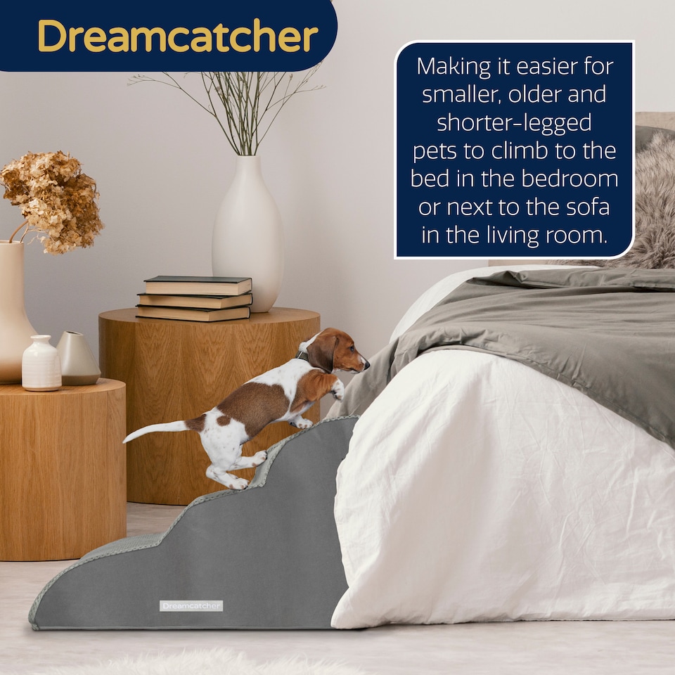 image 1 of Dreamcatcher 3 Step Dog Stairs for Bed 60x40x40cm, High Density Foam Ramp | Grey | Grey | 3 Step Dog Stairs | 1