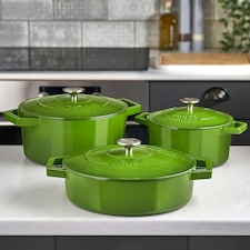 Cooks Professional Set of 3 Cast Iron Casserole Dishes 20, 26 & 28cm | Green | Green