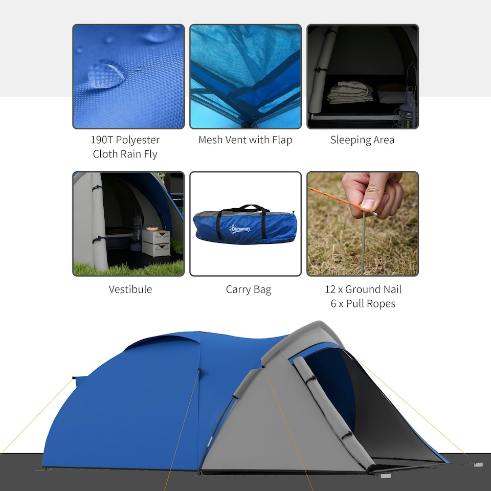 image 1 of Outsunny Compact Camping Tent w/ Vestibule & Mesh Vents for Hiking Green