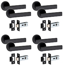 Golden Grace 4 Pairs Delta Design Door Handles on Round Rose in Matt Black Finish with 2.5" Tubular Latch - 52mm Diameter | Black | 4 Pairs
