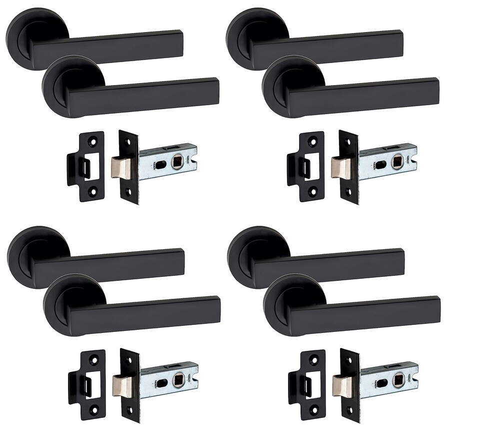 image 1 of Golden Grace 4 Pairs Delta Design Door Handles on Round Rose in Matt Black Finish with 2.5" Tubular Latch - 52mm Diameter | Black | 4 Pairs