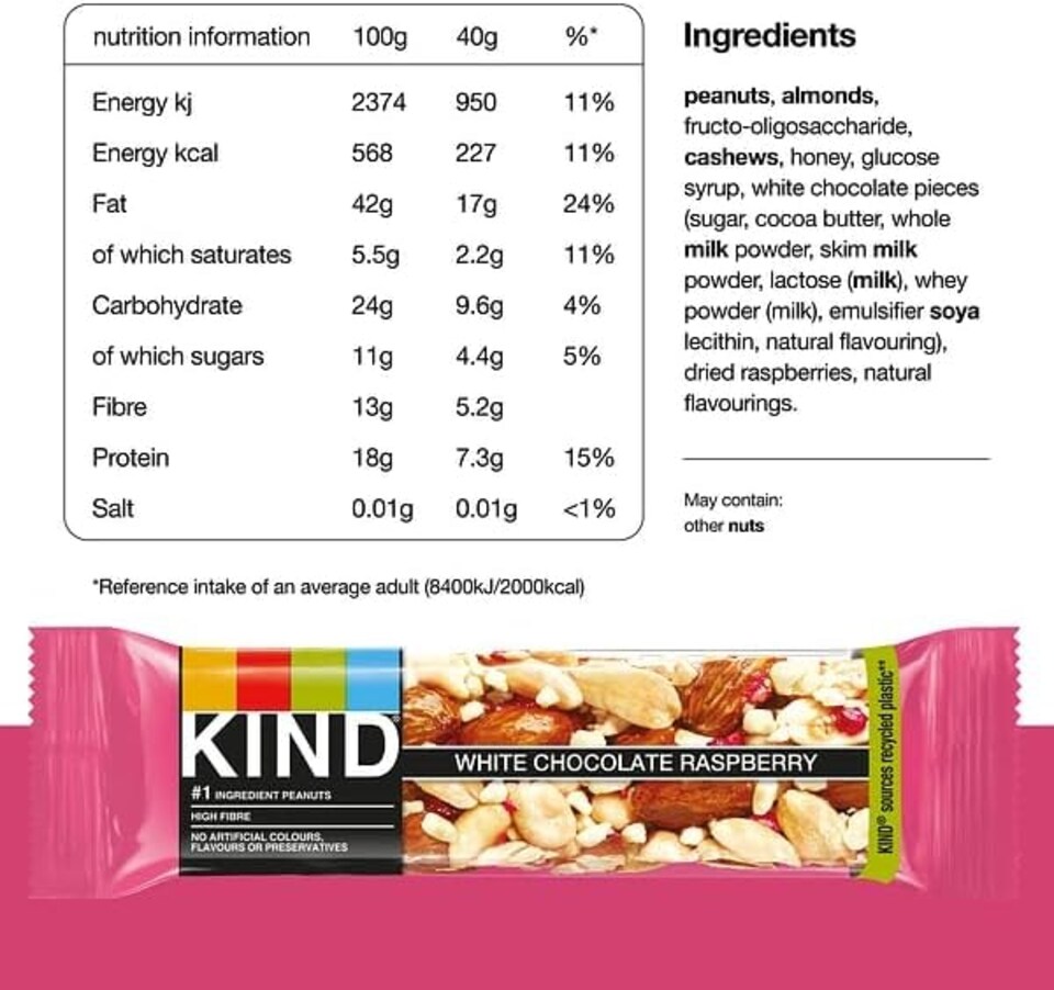 image 1 of Kind Bars, White Chocolate Raspberry, Healthy Snack, Gluten Free Snack Bars, No Artificial Colours, Flavours or Preservatives, Multipack 12 x 40g | Pink