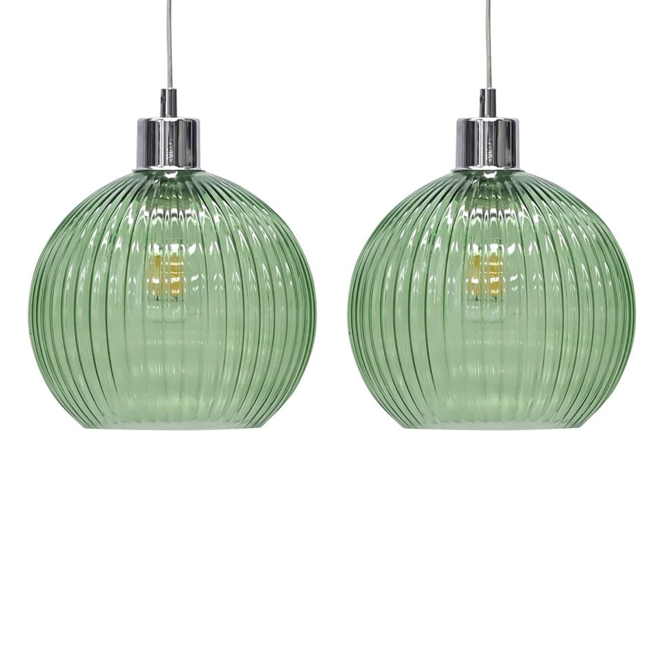 image 1 of Set of 2 Betchley - Green Ribbed Glass Globe Easy Fit Pendant Shades | Green | Medium | 2