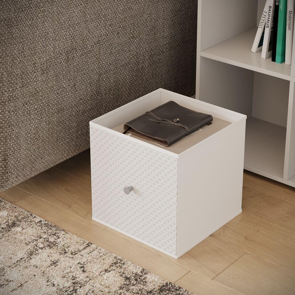 image 1 of Foldable Woven Fabric Storage Cube Box Drawer Insert Organiser Basket with Handle | White | White | Pack of 6 | 6