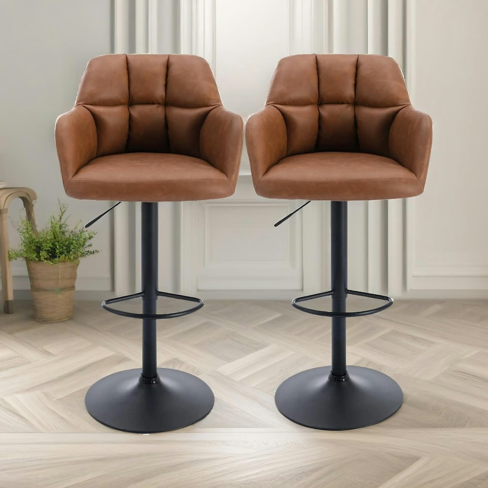image 1 of 2PC Height Adjustable 360 PU Leather Swivel Barstools Set With Armrest Brown Brown