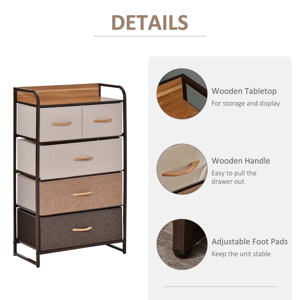 image 1 of HOMCOM Closet Dresser, Dresser Tower With 5 Linen Fabric Drawers Steel Frame