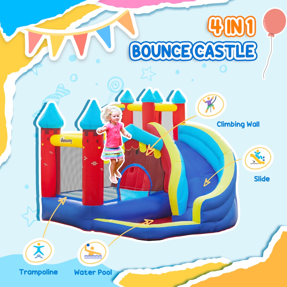 image 1 of Outsunny Kids Bouncy Castle w/ Slide, Pool, Trampoline, Climbing Wall, Blower