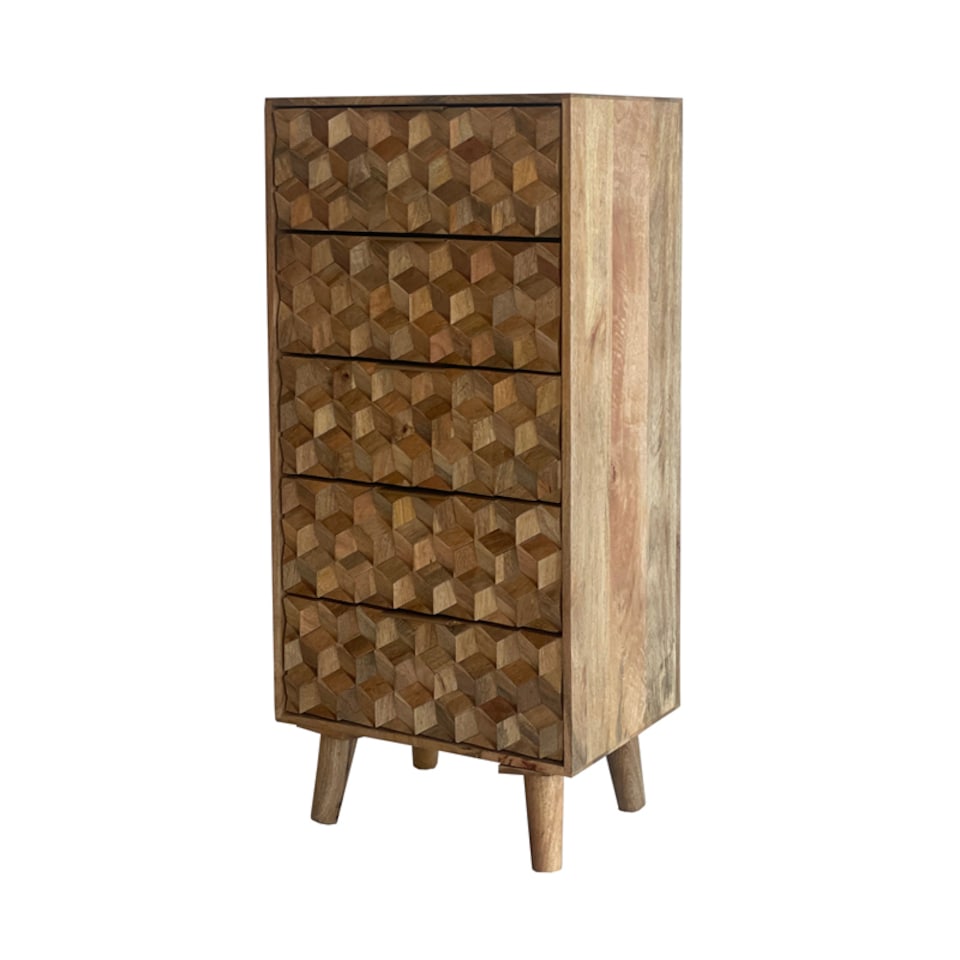 image 1 of Geometric 5 Drawer Tall Chest - Mango Wood - L40 x W55 x H118 cm - Mango Light Finish