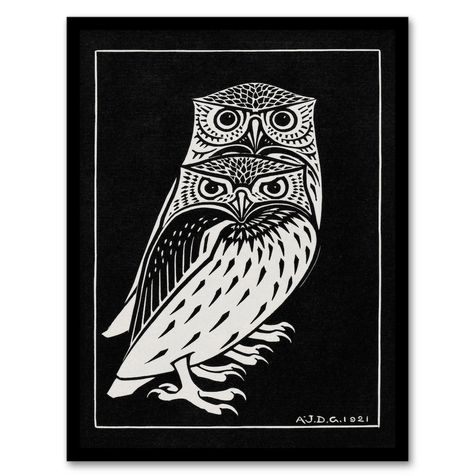 image 1 of Julie de Graag Framed Wall Art Print Two Owls Vintage Animal Painting Home Décor
