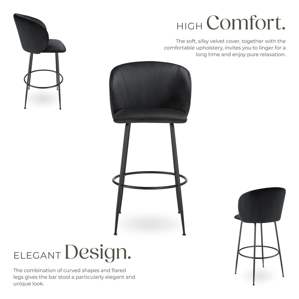 image 1 of Bar Stool Luana - with backrest, velvet look and padded | Black | black/black | 60 x 51 x 106 cm | 2