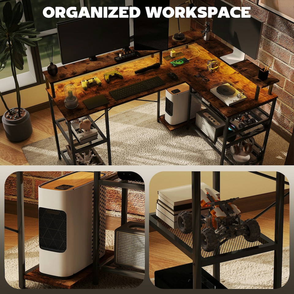 image 1 of HOMCOM L Shaped Gaming Desk w/ LED Lights and Power Outlets for Small Space