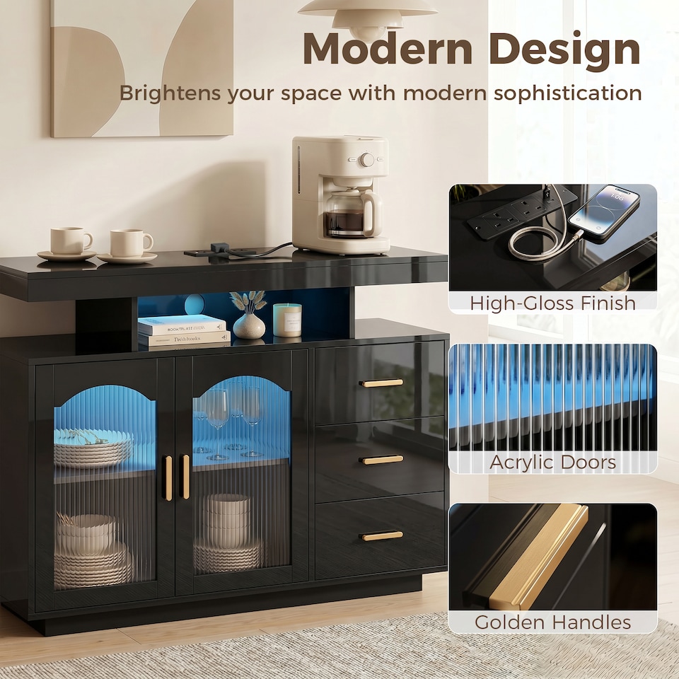 image 1 of HOMCOM High Gloss Sideboard with LED Lights, Power Outlets, Drawers