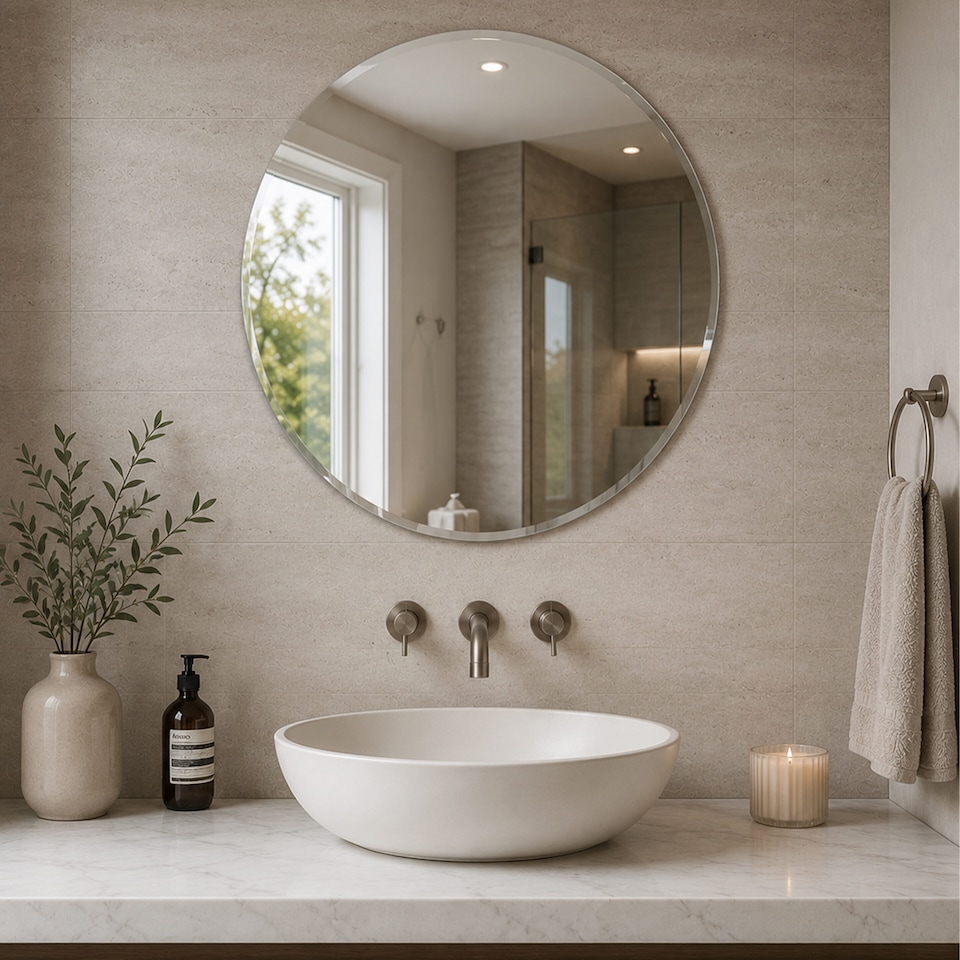 image 1 of Showerdrape Fitzrovia Round Wall Mounted Frameless Bevelled Edge Bathroom Mirror 60 x 60cm | Chrome | Mirror | 1