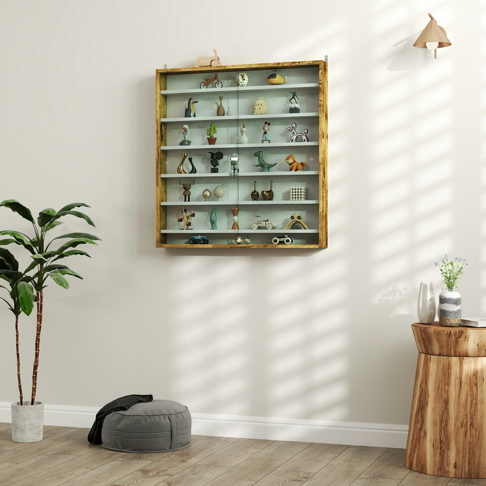 image 1 of HOMCOM Wall Display Cabinet w/ Shelves Glass Doors Yellow