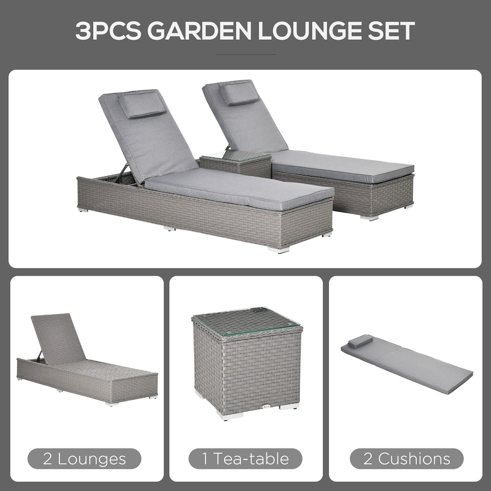 image 1 of Outsunny 3 Pieces Rattan Sun Lounger Set with Aluminium Frame, 5-Position Adjustable Reclining Garden Chairs and Glass Top Table, Wicker Garden Furniture Daybed with Cushions for Patio, Grey