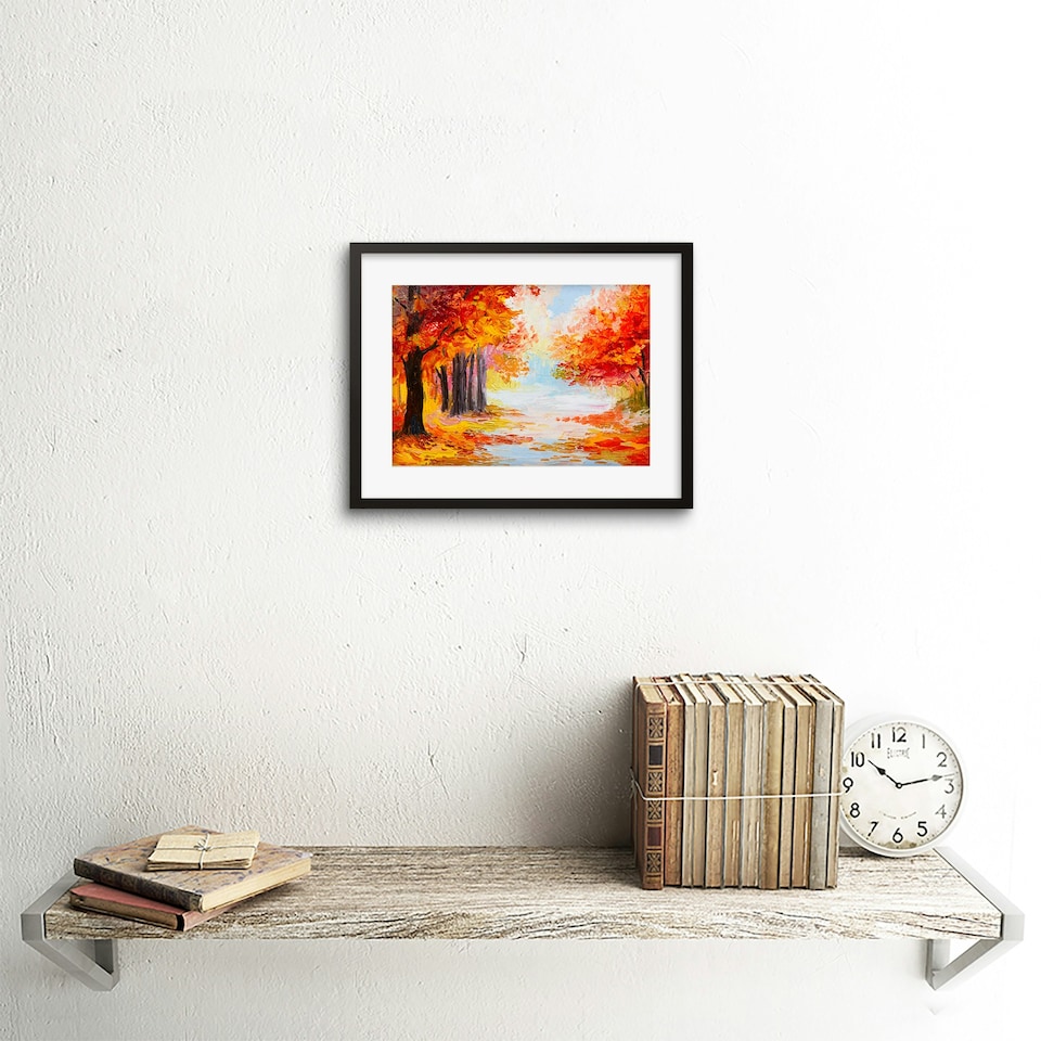 image 1 of Autumn Trees Forest Landscape Bright Painting 9x7" Black Framed Wall Art Print