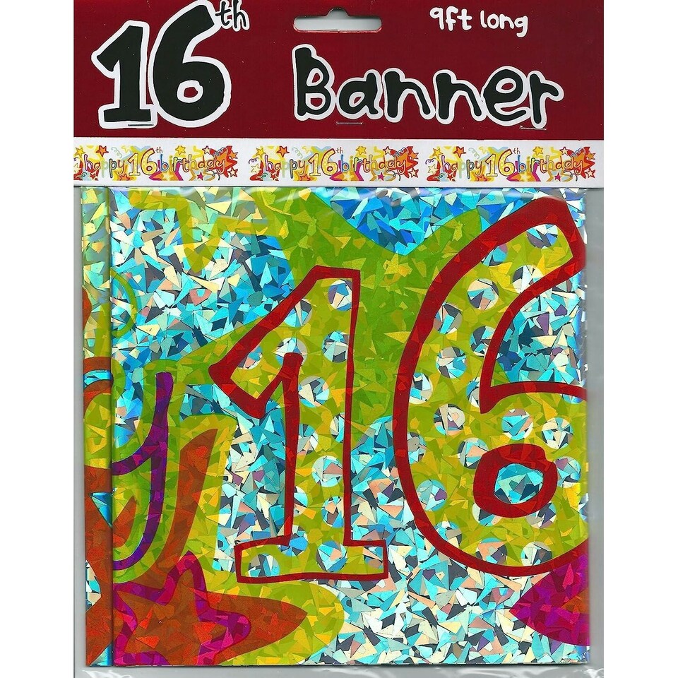 Geometric Glitter 16th Birthday Banner - Multicoloured - One Size