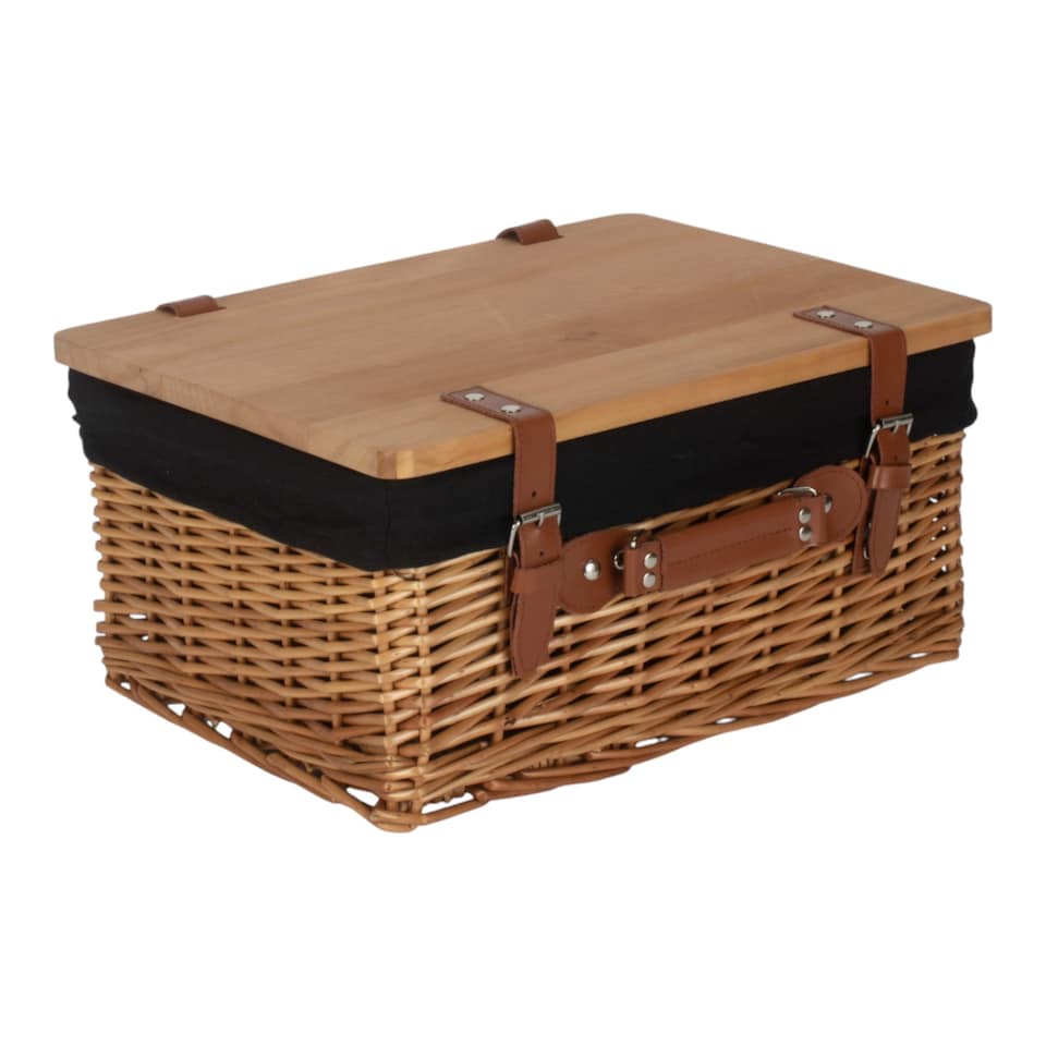 image 1 of 46cm Double Steamed Black Lined Willow Empty Picnic Basket with Pinewood Lid | Brown | Brown | L | 1