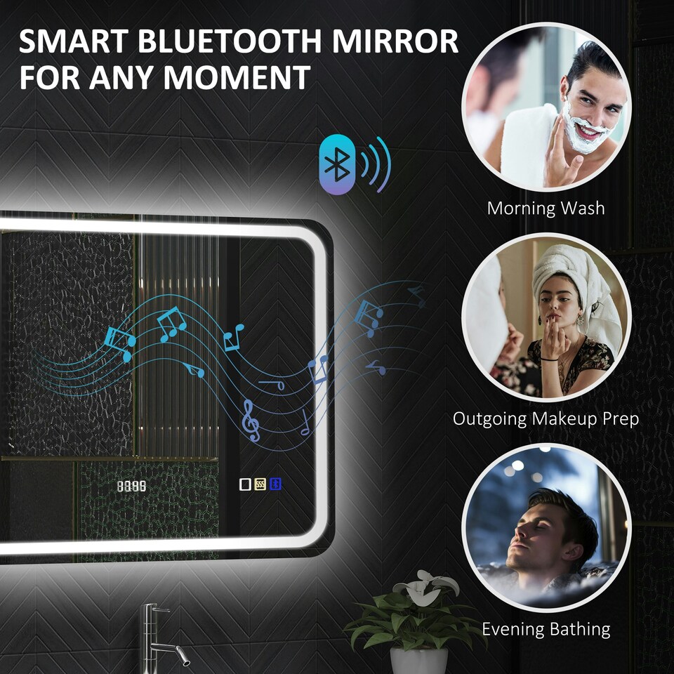 image 1 of HOMCOM 600 x 800 mm Illuminated Bathroom Mirror with Bluetooth Clock Silver | Silver | 80 x 60 x 3.5 cm | 1