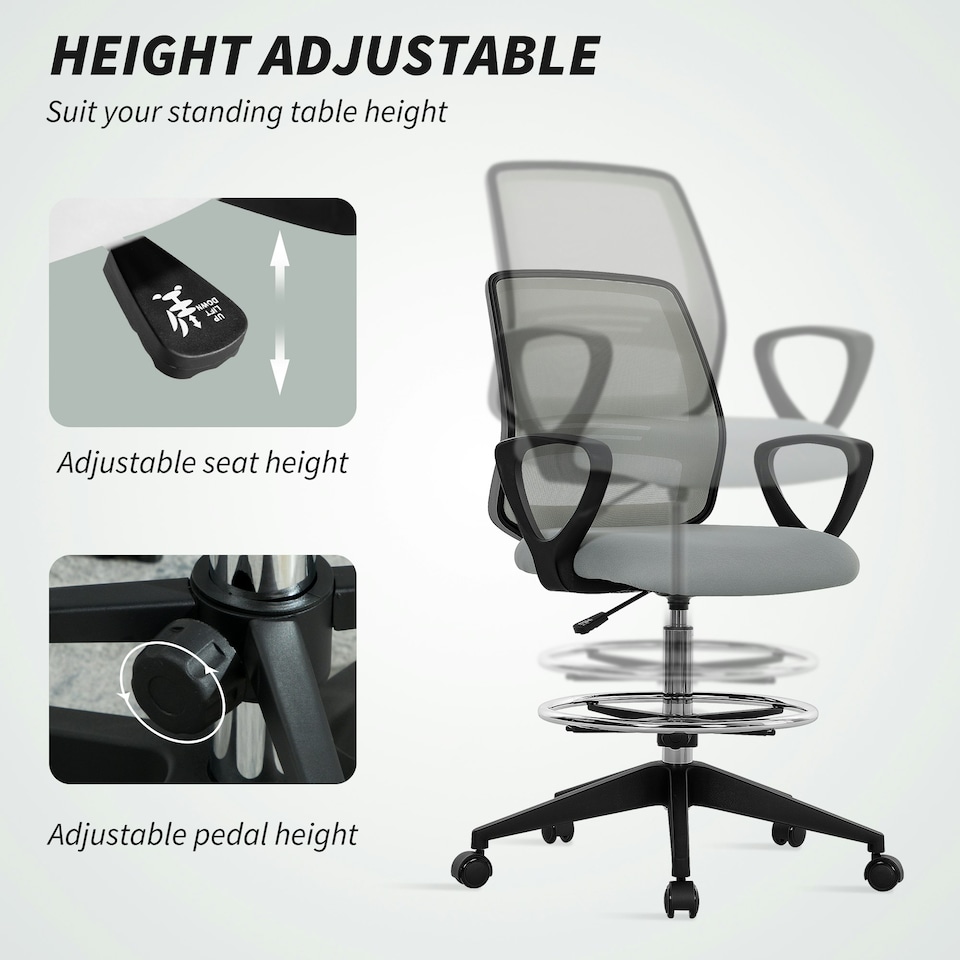 image 1 of Vinsetto Draughtsman Chair Tall Office Chair with Adjustable Height | Grey | One Size