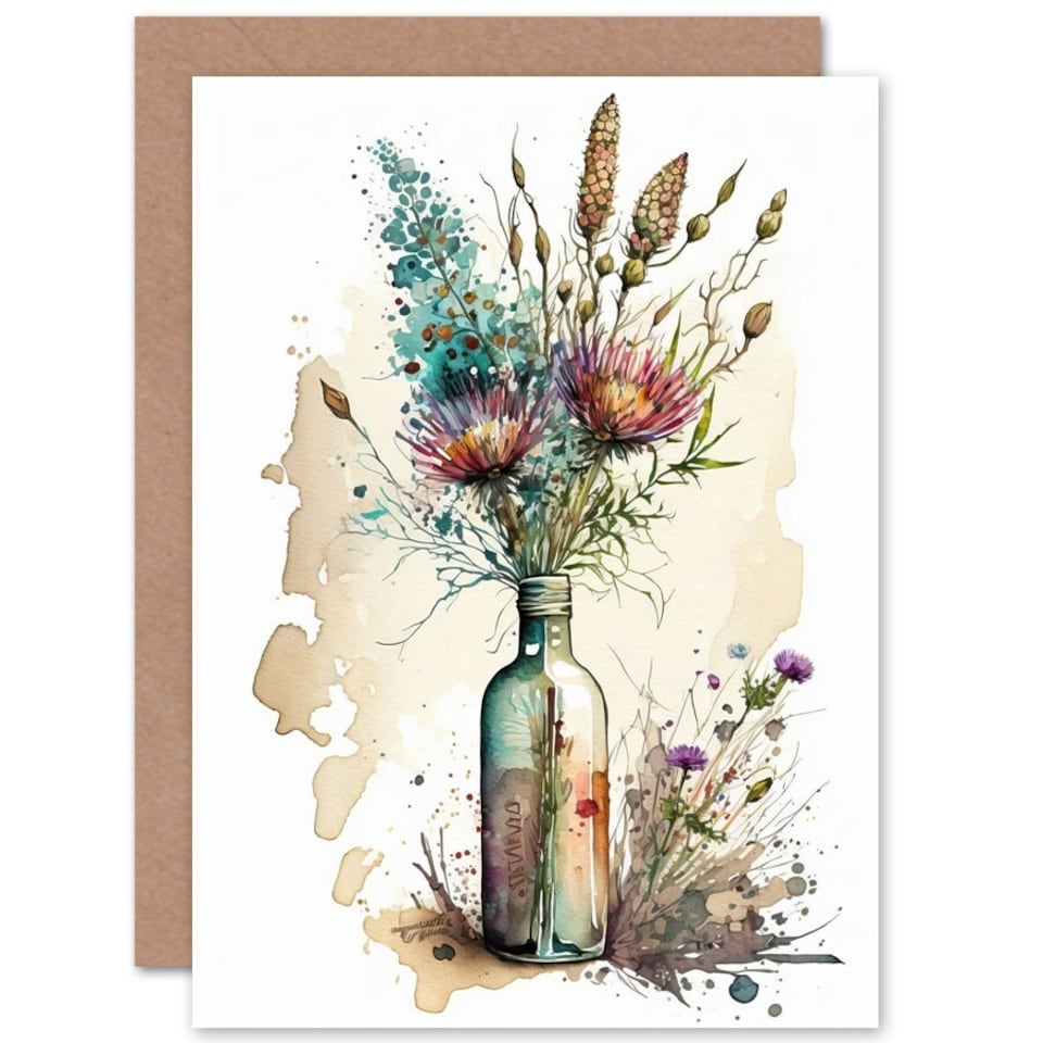 image 1 of Spring Flower Bouquet Wine Bottle Vase Nature Birthday Card