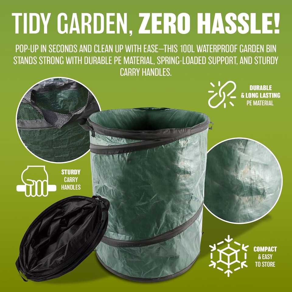 image 1 of 100l Pop Up Large Garden Waste Bag Heavy Duty Garden Sacks Storage Diy