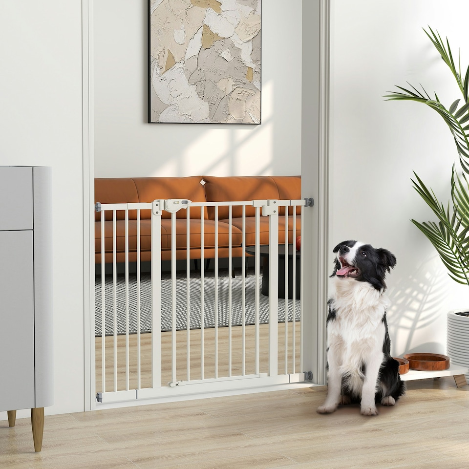 image 1 of PawHut Adjustable Safety Gate w/ 2 Extensions and Four Adjustable Screws, White