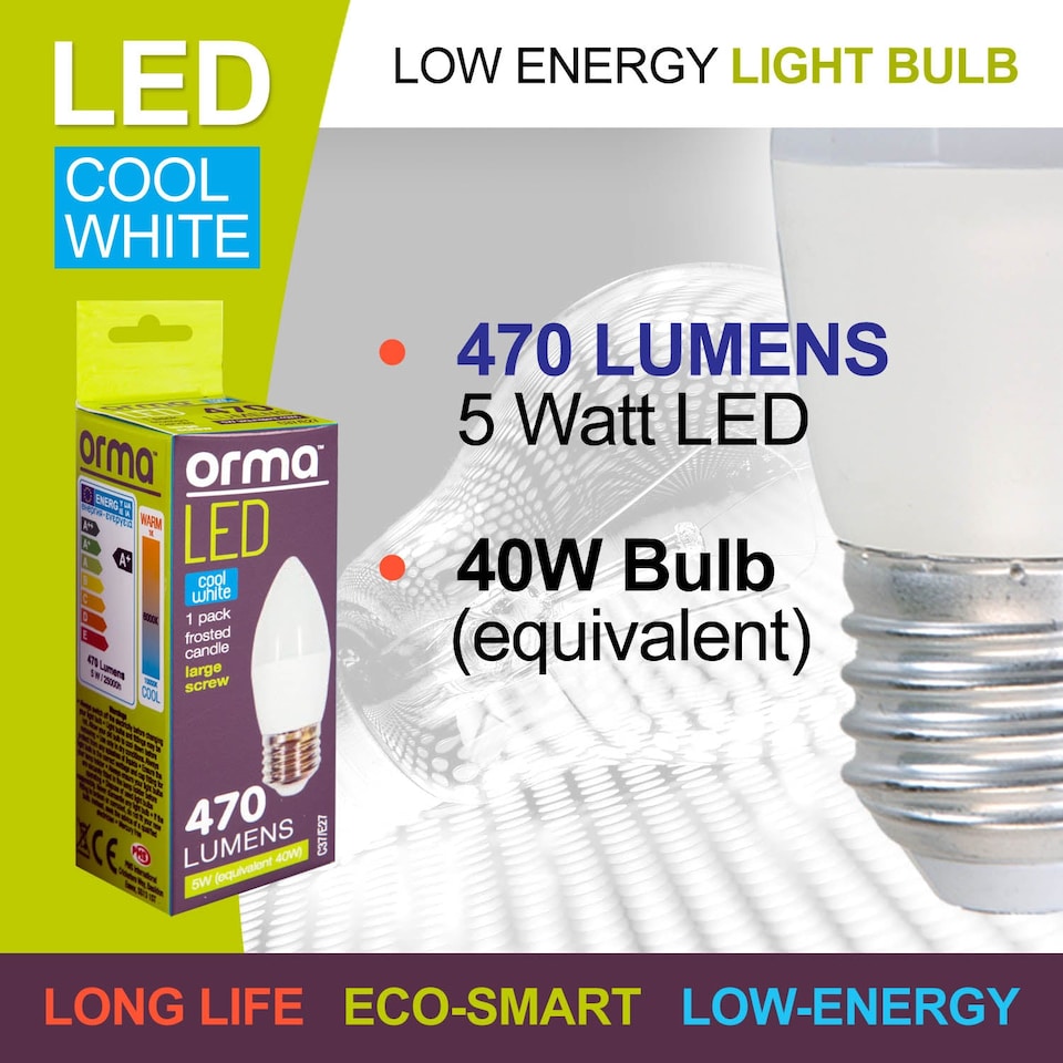 image 1 of PMS Cool White Candle LED Bulb 5W E27 Frosted - Large, 470 lm, Non-Dimmable