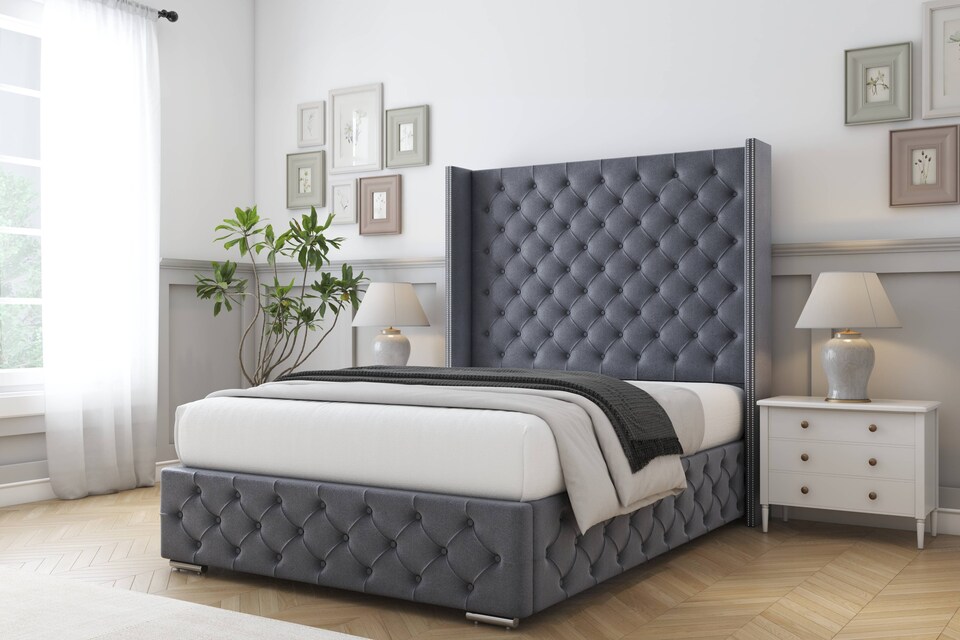 image 1 of Sloomy Arundel Steel Plush Bed Frame With 50"  Upholstered Wingback Headboard 4' Small Double