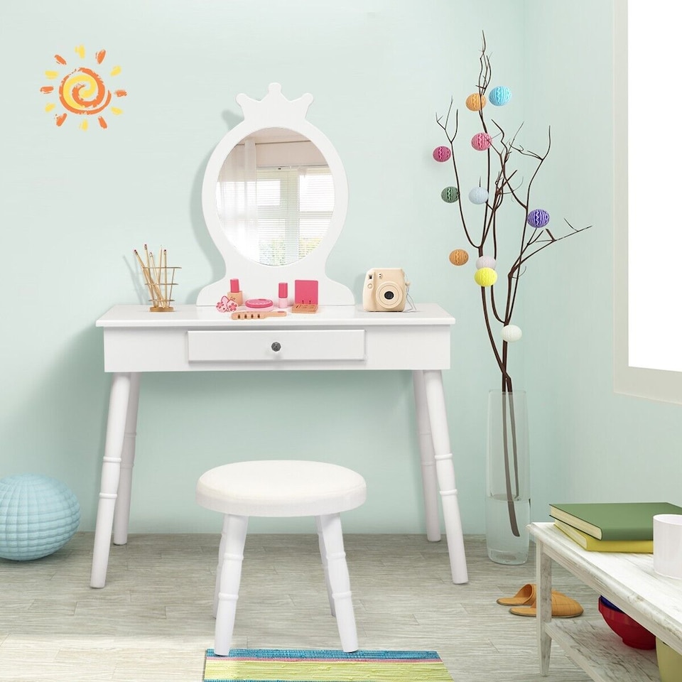 image 1 of COSTWAY Pretend Makeup Dressing Table Kids Vanity White