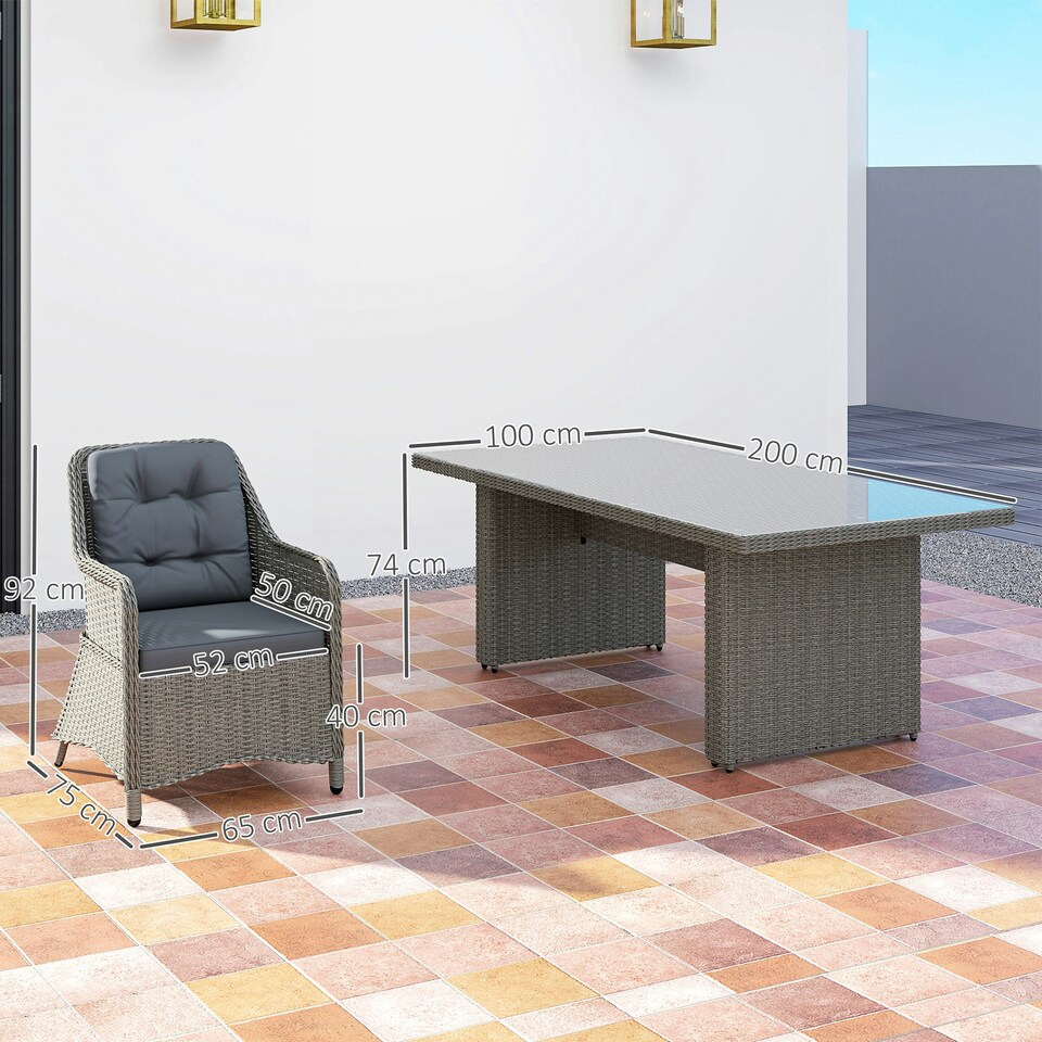 image 1 of Outsunny 6 Seater Rattan Dining Set with Glass Top Table and Cushions, Grey