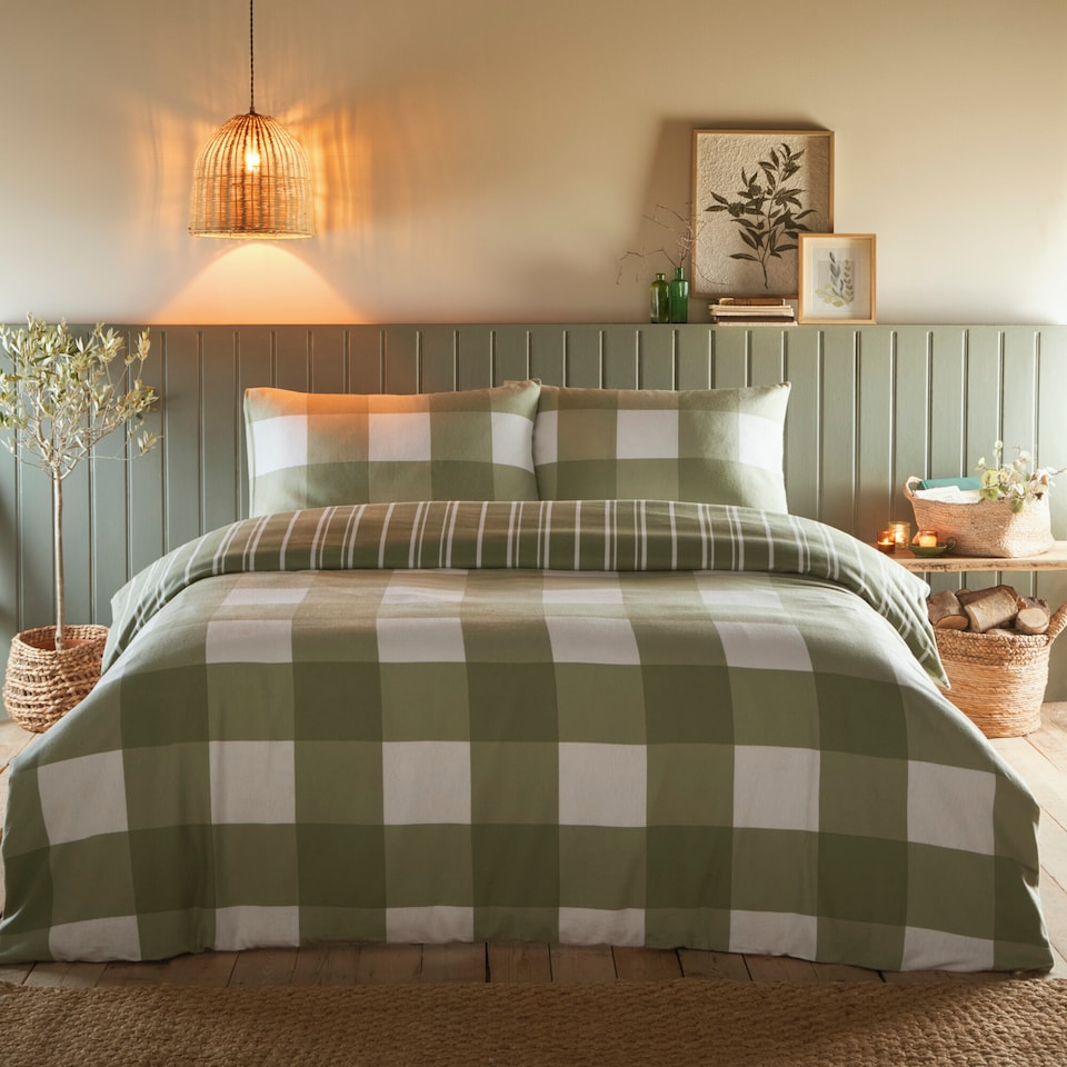 image 1 of Glenmore Check Brushed Cotton Striped Reversible Duvet Cover Set With Pillow Cases | Green | King
