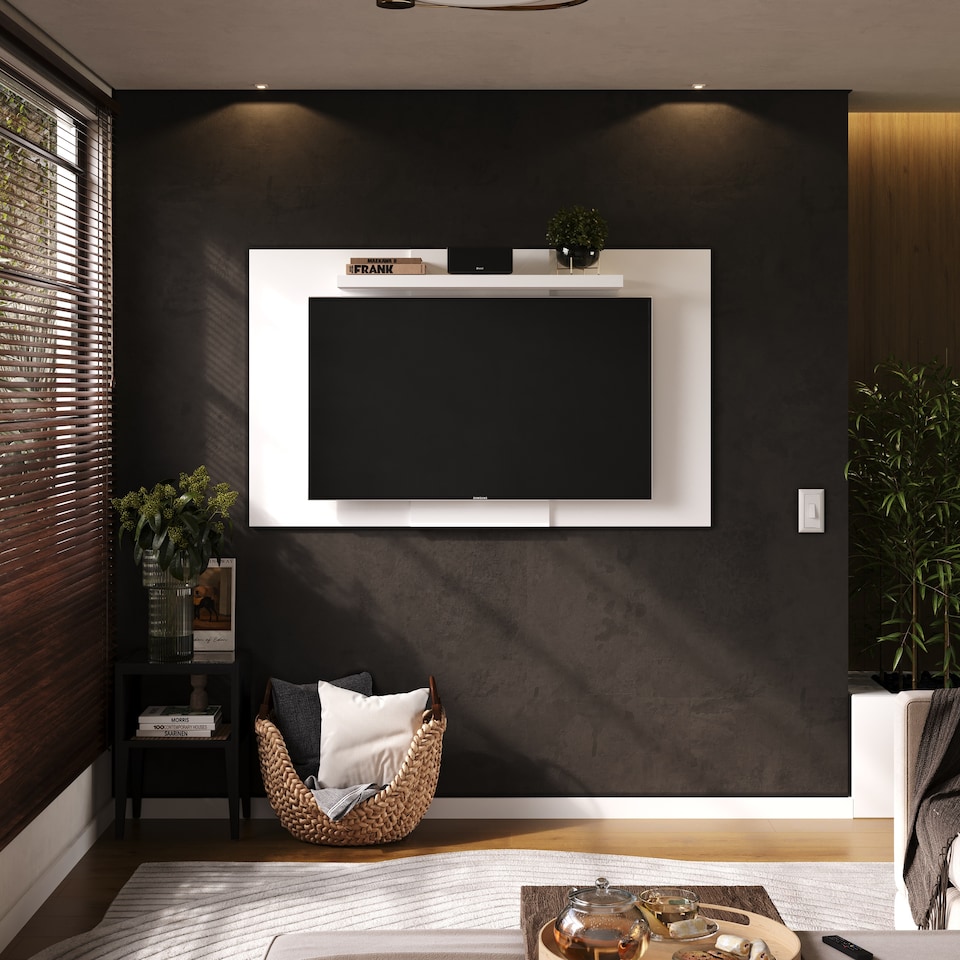 image 1 of Lido TV Display Wall Panel - Extendable or Fixed Media Panel with Adjustable Shelf for TVs