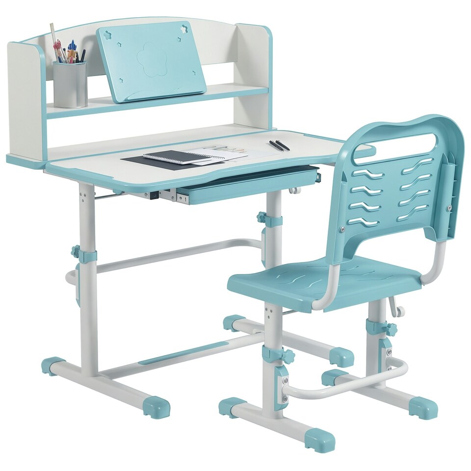 image 1 of ZONEKIZ Height Adjustable Kids Desk and Chair Set, with Drawer, Bookshelf, Blue Blue