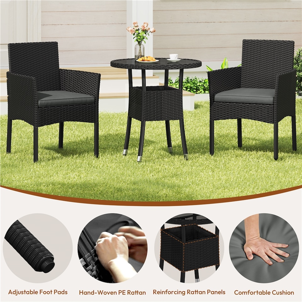 image 1 of Yaheetech 3-Piece Rattan Furniture Set, Woven PE Rattan Chairs & 1 Tempered-Glass Side Table-Black&Grey | Multi | Black/Grey