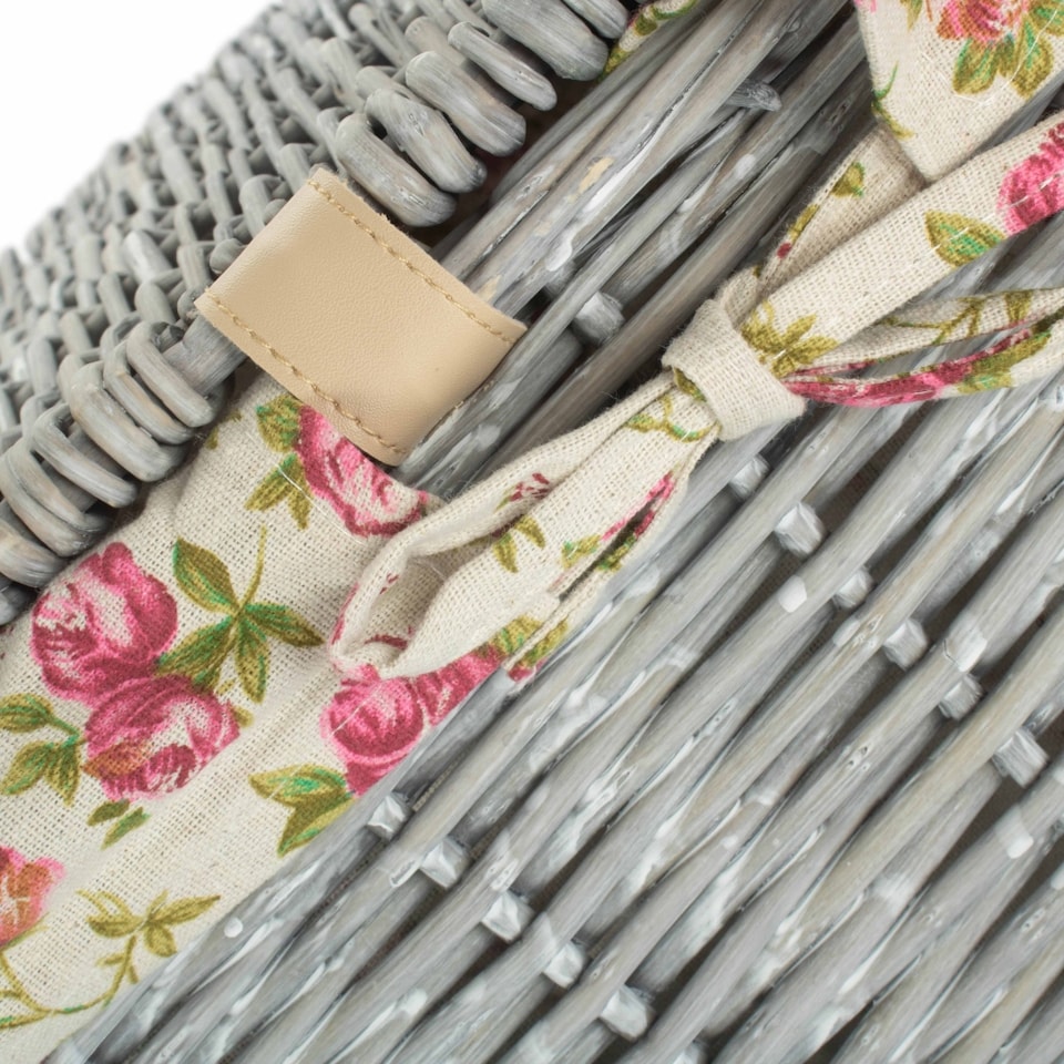 image 1 of Small Grey Wash Square Laundry Basket with Garden Rose Lining | Grey | Rose