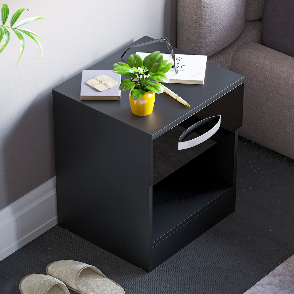 image 1 of Vida Designs Hulio 1 Drawer Bedside Chest High Gloss Cabinet Table Nightstand, Black