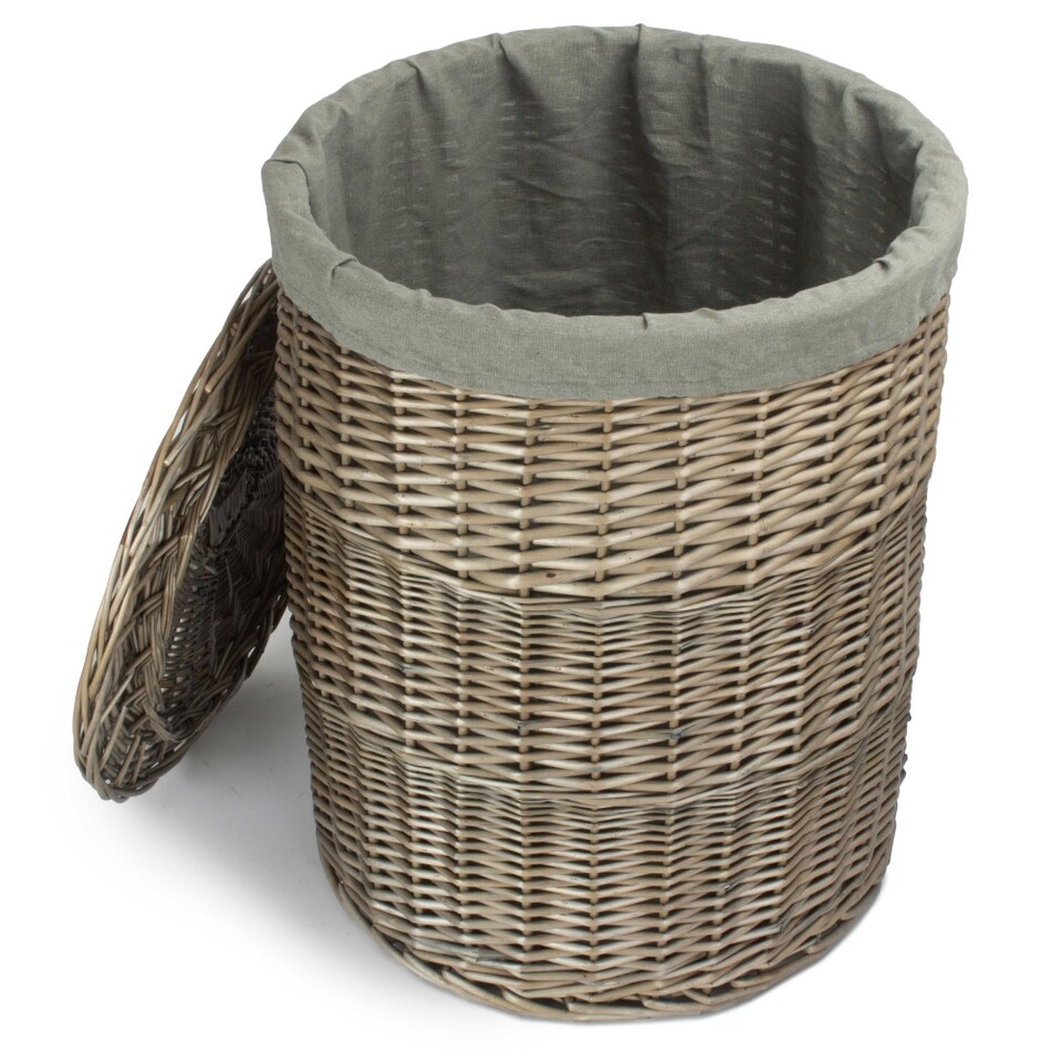 image 1 of Large Antique Wash Round Linen Basket with Grey Sage Lining | Grey | Grey