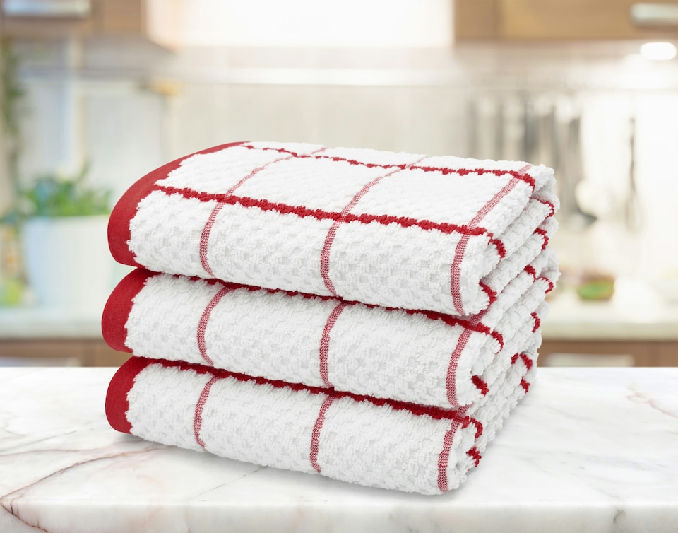 image 1 of Velosso Embroiderd Woven Checked Cotton Tea Towel 3 Pack | Red | Red | One size
