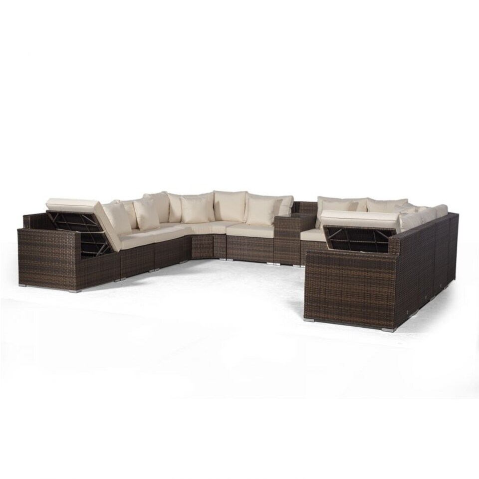 image 1 of Santorini U Shape Modular 10 Seat Rattan Sofa Set With Armrest Drinks Cooler, 2 Coffee Tables & 4 Stools Brown | Ivory