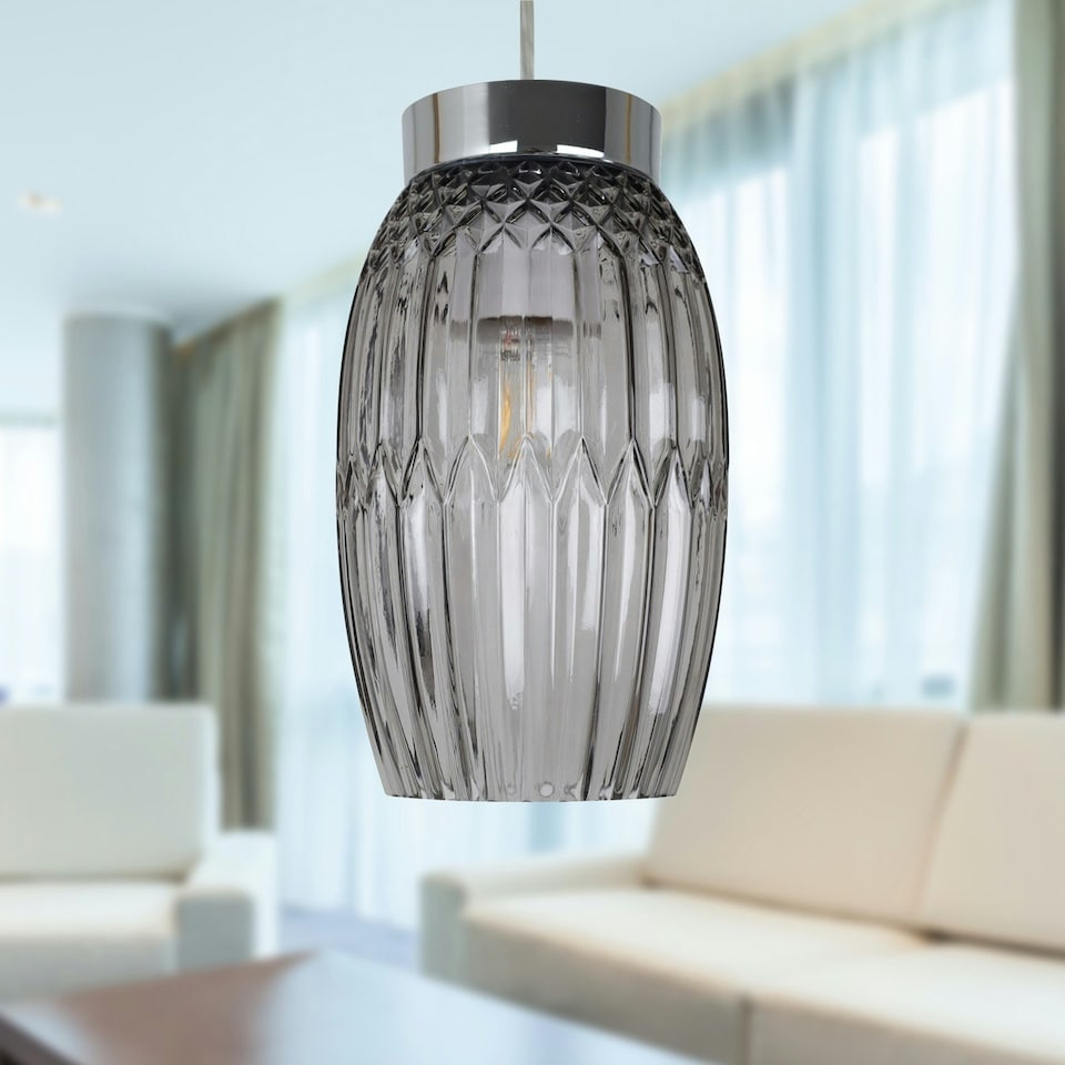 image 1 of Set of 2 Facet - Chrome with Smoke Faceted Glass Pendant Shades Clear | Chrome