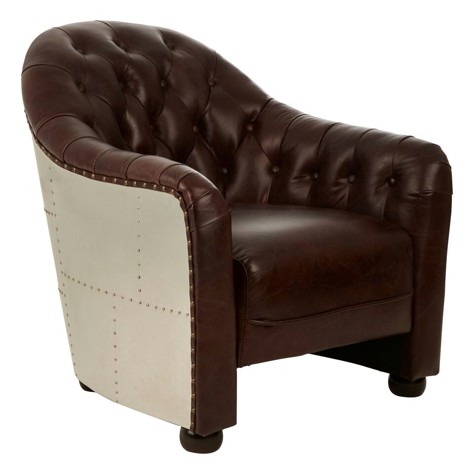 image 1 of Classic Armchair with Buttoned Back,Leather Upholstered Chair, Luxe Accent Chair With Black Walnut Orb Feet Brown